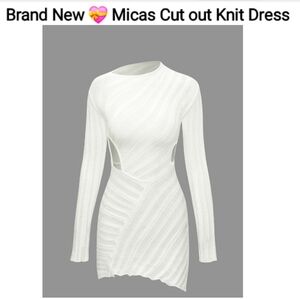 Asymmetrical Ripped Cut Out Knit Long Sleeve White Mini Dress, Size XL
